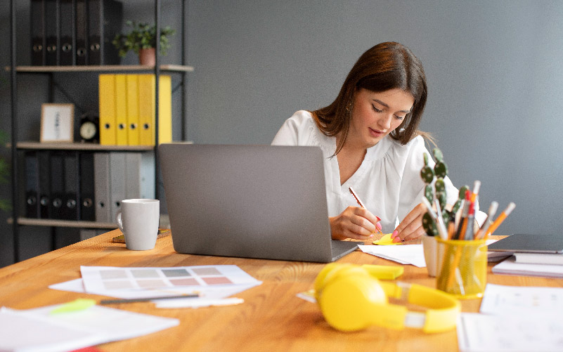 A imagem mostra uma mulher trabalhando em uma sala com uma mesa de madeira e uma decoração leve e descontraída. Ela está pesquisando sobre planejamento estratégico e as melhores diretrizes para implementar na empresa que trabalha.