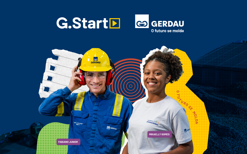 Peça conceito do Programa de Estágio G.Start, da Gerdau, com dois jovens estagiários em destaque e elementos visuais que representam inovação, indústria e futuro.